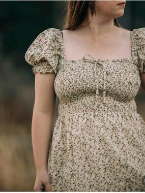 Smocked Square Neck Midi Dress in Cream Floral